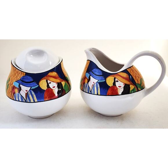 Creamer and Sugar Bowl with Lid Set-Sango-"Cafe Paris"-White-Multicolor Design - Picture 1 of 10